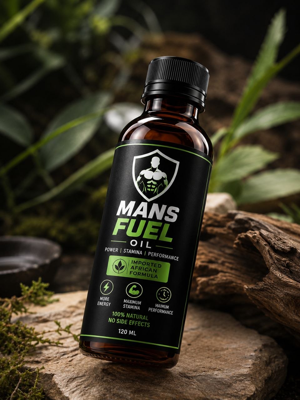 Mans Fuel Oil bottle on rocks