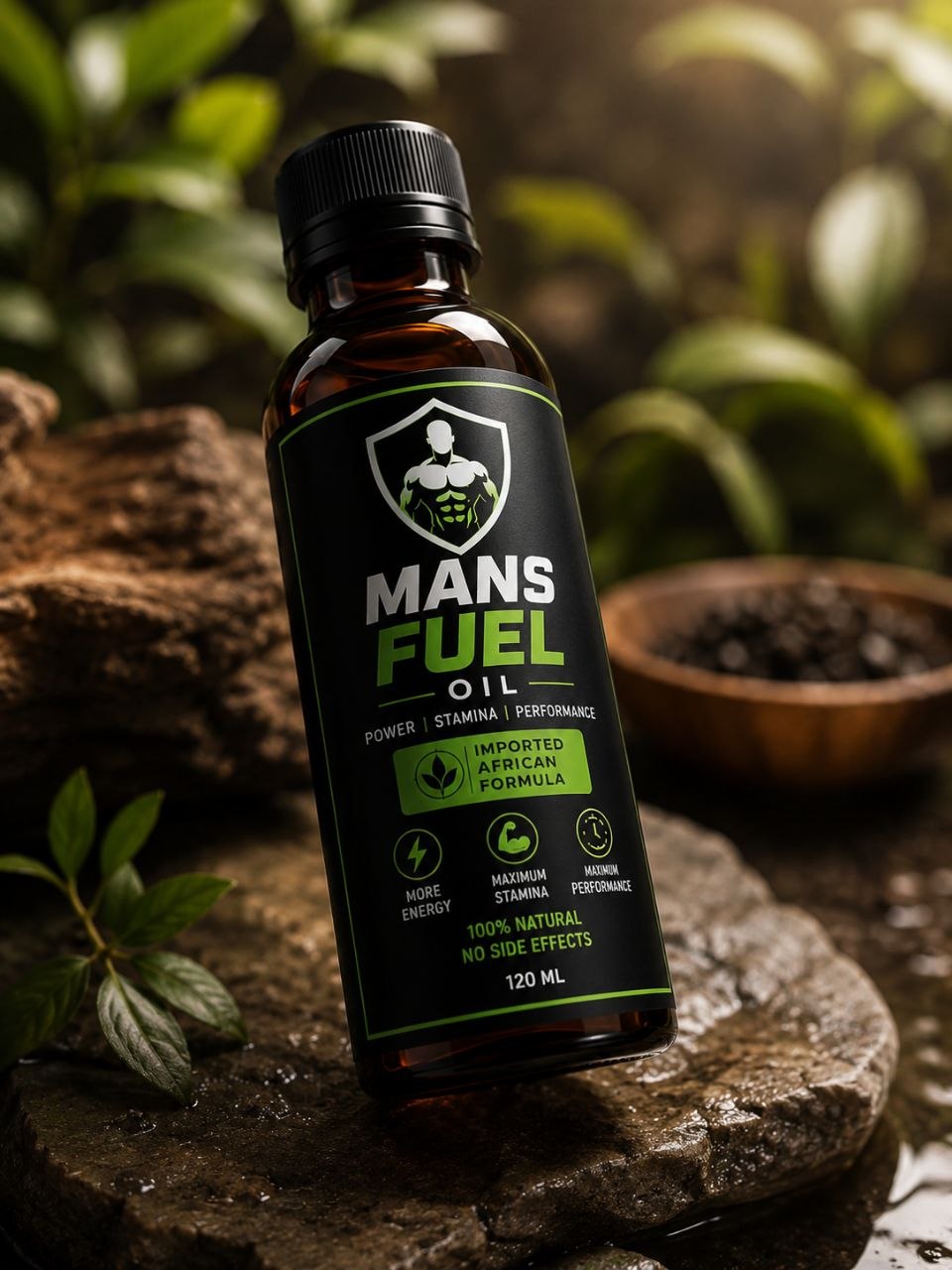 Mans Fuel Oil bottle with natural background